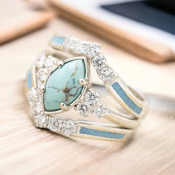 Versatile Elegant & Fashionable Turquoise & Rhinestone Decor 3 Piece Ring Set - Picture 6 of 8